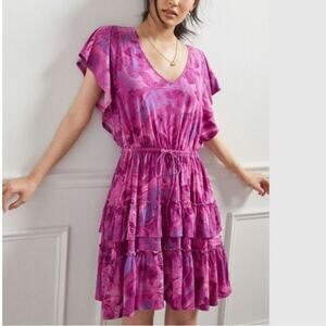 Pink Floral Tiered V-Neck Dress